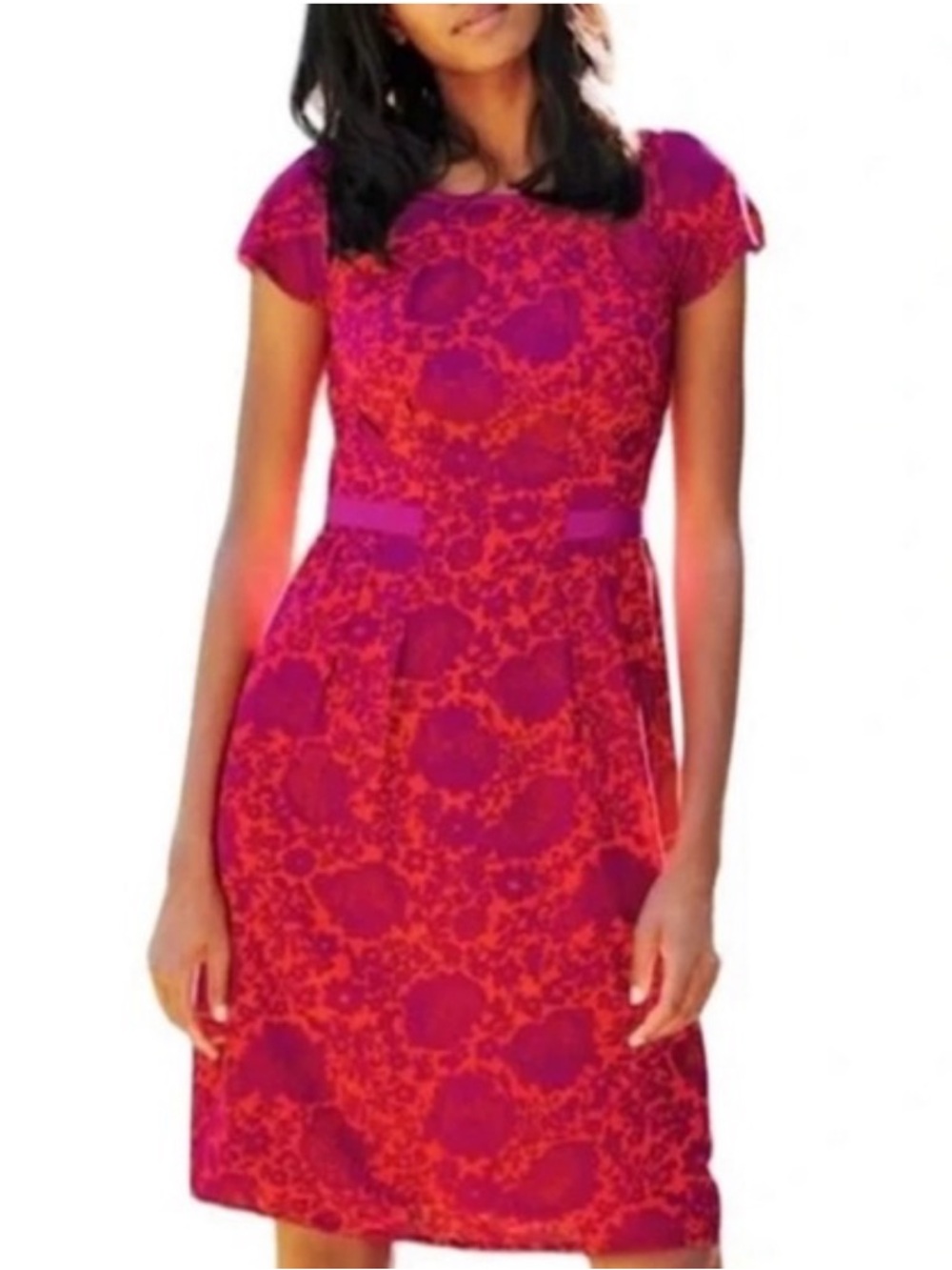 EUC Boden Pink & Orange Floral Patterned Short-Sleeve Dress Size 12